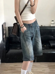 American Retro Blue Denim Shorts Women Korean Style High Waist Biker Jeans Feminino 2024 Summer Chic Streetwear