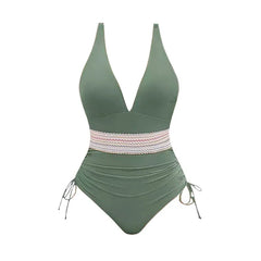 2025 Women's Swimsuit Zigzag Print Contrast Color Plunging Neck Cinched One-piece Swimsuit Beach Swimwear