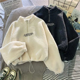Korean Warm Fleece Fluffy Half Zip Hoodies Women Casual Fashion Thicked Sweatshirt Top Autumn Winter Clothing