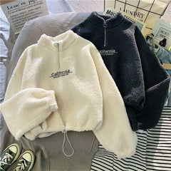 Korean Warm Fleece Fluffy Half Zip Hoodies Women Casual Fashion Thicked Sweatshirt Top Autumn Winter Clothing