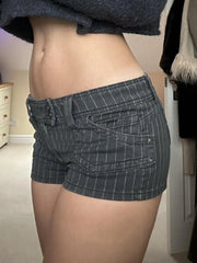 Pbong Harajuku Striped Buttons Micro Denim Shorts Women Summer Low Waist With Pockets Bottoms Hottie's Slimming Mini Pants