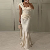 Summer Backless Ribbon Sleeveless Evening Dress Women Sexy Simple Design Satin Long Dress Elegant Skew Neck Slim Mermaid Dresses