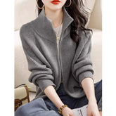 Women's Zip Up Sweater Cardigan Cozy Knit Stand Collar Zipper Front Plain Sweater Jacket Female Korean Chic Fall Winter Outfit