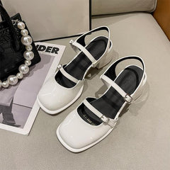 African Woman Shoe Mary Jane Summer High Heels Chunky Sandals Navy Blue Pumps Sweet Burgundy Straps Lolita Closed Black Bei