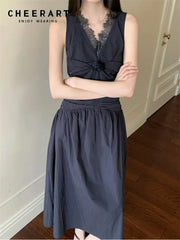 Lace Pathwork Sleeveless Long Modest Dress Summer 2025 Party Evening Dress 2025 V Neck Tunics A Line Midi Dress Clothes