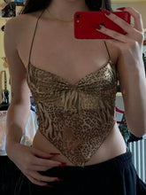 Fashion Trendy Leopard Short Women's Tank Sleeves V-Neck Ruched Fabric Slim Fit Camisole Y2k Chic