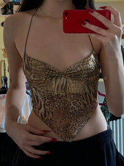 Fashion Trendy Leopard Short Women's Tank Sleeves V-Neck Ruched Fabric Slim Fit Camisole Y2k Chic