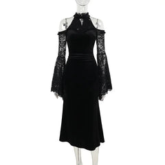 Halloween Long-sleeved Witch Dress for Women Fashion Elegant Evening Party Dresses Sexy Slim Fit Lace Splicing