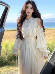 Women Elegant Solid Color Ruffle Fairy Dress Korean Fashion Slim-Waist A-Line Midi Dress French Princess Party Wedding Ball Gown