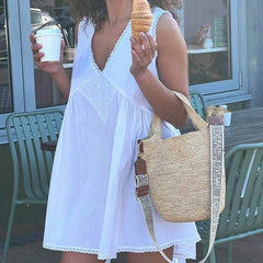 Womens Lace Trim V Neck Mini Dress Y2k 90s Vintage Aesthetic Summer Flowy Swing Dress Going Out Boho Coquette A Line Dress