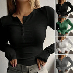 Women Fall Spring Top O Neck Button Long Sleeve Shirts Solid Color Slim Fit Pullover T-shirt Blouse Simple Style Lady Costume