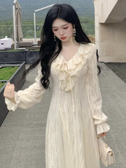 Autumn Elegant Solid Ruffles Fairy Dresses Korean Fashion Slim A Line Midi Dress Women Princess Party Vestidos New