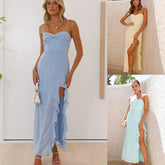 Chic Ruffle Slit Vacation Long Dress Chiffon Solid Color Twisted Slim Slip Dress 2025 New Summer Fashion Beach Woamn Clothing