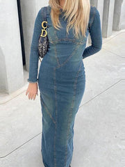 Fashion Women Denim Dress Vintage Blue Long Sleeve Back Zipper Dresses For Women Spring Causal Slim Fit Ladies Long Dresses
