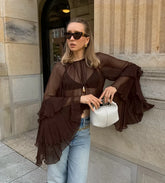 Pbong Chiffon Loose Shirt For Women Sexy See-Through Ruffles Sleeve Blouse New Summer Chic Fashion Solid Casual Round Neck Shirts