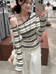 Korean Vintage Off Shoulder Striped Top Women 100% Ribbed Cotton Long sleeve T shirt Spring Autumn Basic Tees 2025 New