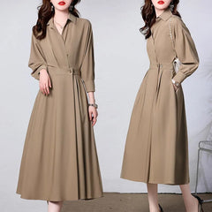 Gray High-quality Long-sleeved Shirt-collar Dress Women's Simple Office with Pockets Work Fashion Dress Autumn Clothes