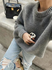 autumn and winter new 100% cashmere sweater women's grey round neck pullover knitted wool loose thick sweater