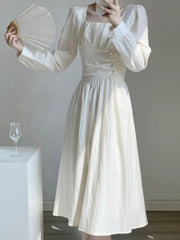 Autumn Women White Solid Long Sleeve Long Dress Elegant A-line Sweet Dresses Vintage Casual Birthday Vestidos Female Clothes