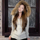 Y2k American Vintage Hooded Jacket Faux Fur Collar Long Sleeve Women Casual Zipper Pure Color Coat Streetwear 2025 Autumn