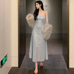Elegant V-Neck Sparkly Dress Women Korean Fashion Spaghetti Strap Evening Dress Ladies Sexy Sequin Off Shoulder Dress