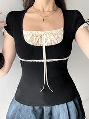 Sweet Y2K Contrast Lace Patchwork Square Collar Black T-Shirt Women Short Sleeve Basic Balletcore Cute Summer Tops