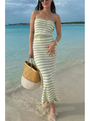 2025 New Tube Top And Long Skirts Knitting Vacation Summer Outfits Stripe Strapless Tank And Tight Skirt Sexy Beach 2 Piece Set