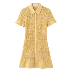 Yellow Plaid Mini Dress Single Breasted Slim Short Dresses For Women 2025 New Turndown Collar Short Sleeve Casual Dress Summer