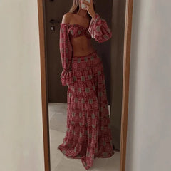 Pbong Sexy Casual Floral Print Shoulder Bared Short Top Long Skirt Set Women's Cross-Border Clothing Polyester Fiber Floor-Length