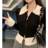 Y2K Zipper Front Rib Knit Top for Women Contrast Fuzzy Collared Zip-Up Sweater Crop Cardigan Autumn Winter Teen-girl 90s Outfit