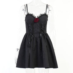 Goth Dark Tie Up Mall Gothic Elegant Women Dresses Grunge Aesthetic Jacquard A-Line Dress Emo Lace Trim Black Party Alt Clothes