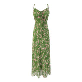 Green Pink Floral Print Women Dress For Summer 2025 New V-neck Chiffon Long Dresses Fashion High Waist Vacation Beach Vestidos
