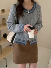 Autumn Knitwear Cropped Cardigan Coat Women Clothing O Neck Patchwork Zipper Sueter Mujer Casual Fashion Knitted Sweater Tops