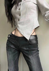 Vintage Distressed Low Waist Jeans Grunge Asymmetrical Waist Denim Pant Korean Fashion Black Flare Jeans Kpop Streetwear