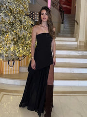 2025 Summer Women Fashion Strapless Dress With Ribbon Patchwork Elegant Sleeveless Mesh Split Dress Vacation Beach Long Dresses