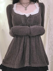 Pbong Women Autumn Knitted Tops Solid Color Long Sleeve Button Square Neck Tunic Sweaters Blouse