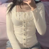 Coquette Aesthetic Crop T Shirts for Women Sweet Girl Bow Lace Patchwork Tops Square Neck Y2k Long Sleeve Sleeve Tees