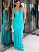 Round Ring Hollowed Out Sling Party Dress Women Blue V-neck Sleeveless Backless Maxi Robes 2024 Lady Simple Elegant Formal Dress