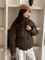 Winter Retro Puffy Parkas Women Warm Thick Plaid Patchwork Cute Coat Casual Preppy Style Korean Long Sleeve Cotton Jackets