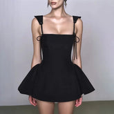 Black Y2K Retro A-line Short Dress Summer Bandage Elegant Chic Slip Women Dress 2025 New Fashion Square Collar Party Dresses