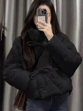Women Fall Winter Jacket Bow Outwear Vacation Attire Black Casual Stand Collar Puffer Bow Jacket Solid Christmas Business Coat