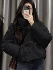 Women Fall Winter Jacket Bow Outwear Vacation Attire Black Casual Stand Collar Puffer Bow Jacket Solid Christmas Business Coat