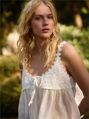 Lace Embroidery Sweet Chic Tank Top V-neck Loose Patchwork Summer Vest Cotton Blend Sleeveless Fashion Vacation Camisole 2025