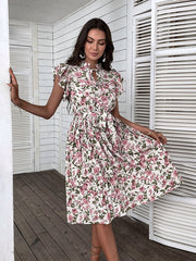 Women's Summer Vintage Dress Printed Mediumn Long White Chic Floral A Line Dress