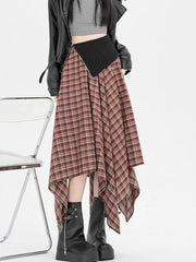 Y2K Streetwear Plaid Long Skirt Women High Waist Retro Hip Hop Irregular Skirt Fall Casual American Gothic Female Long Skirts