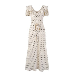 French Retro Polka Dot Print Long Dress Sweet Chic V-neck Summer Women Dress Short Sleeve High Waist Elegant Lady Dresses 2025