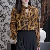 Pbong Korean Chic Elegant Leopard Shirt Women Youth Chiffon Blouse Lady Office Casual Top Female New