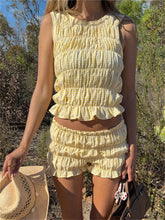 Women's Plaid 2 Piece Set Sleeveless O Neck Ruched Striped Tank Tops Shorts Sets Casual Streetwear