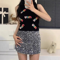 Pbong Spicy Girl Letter Print Knitted Crop Top Women's Sleeveless Slimming Vest New Inner Wear Fashionable Design