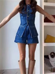 Summer Women's Denim Shorts Suit Sleeveless O-neck Single Breasted Split Top Vest High Waist Wide Leg Shorts 2024 Lady Sets